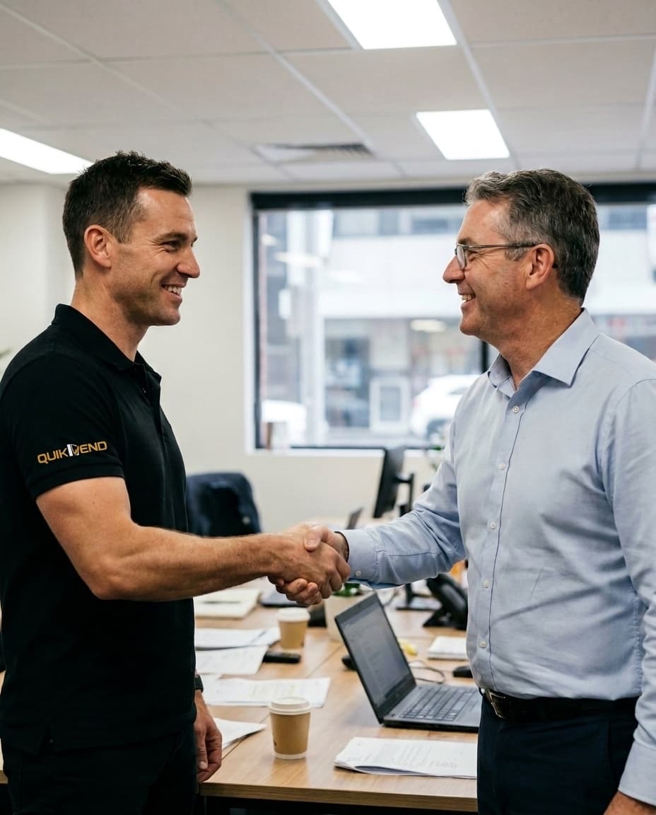 A QuikVend representative shaking hands with a local operator in the office