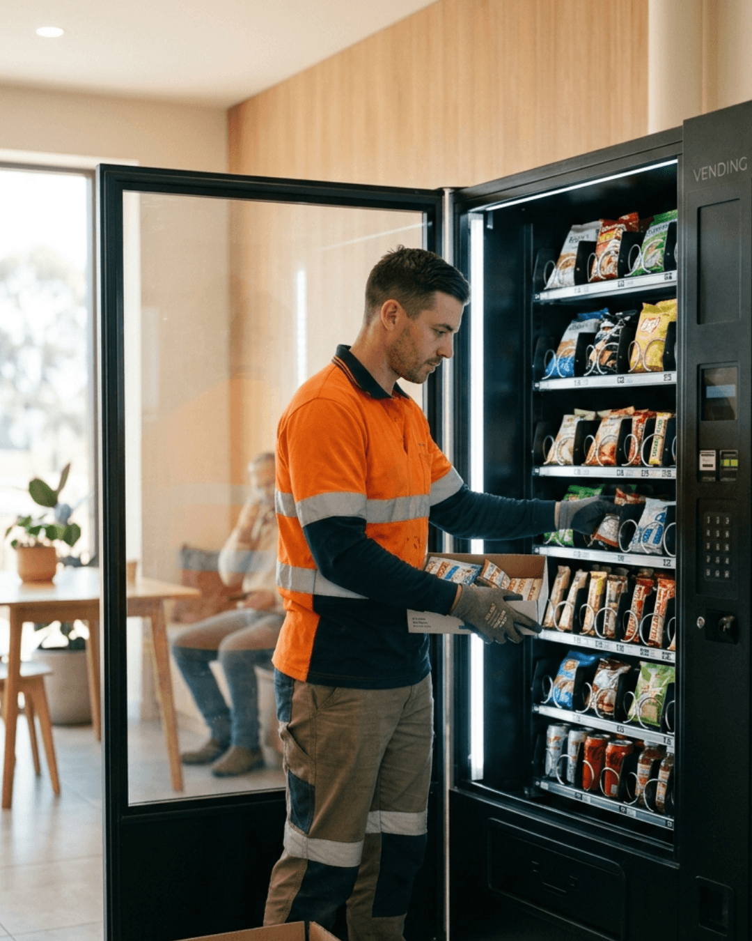 A QuikVend operator restocking a snack and drink vending machine in a bright venue break room