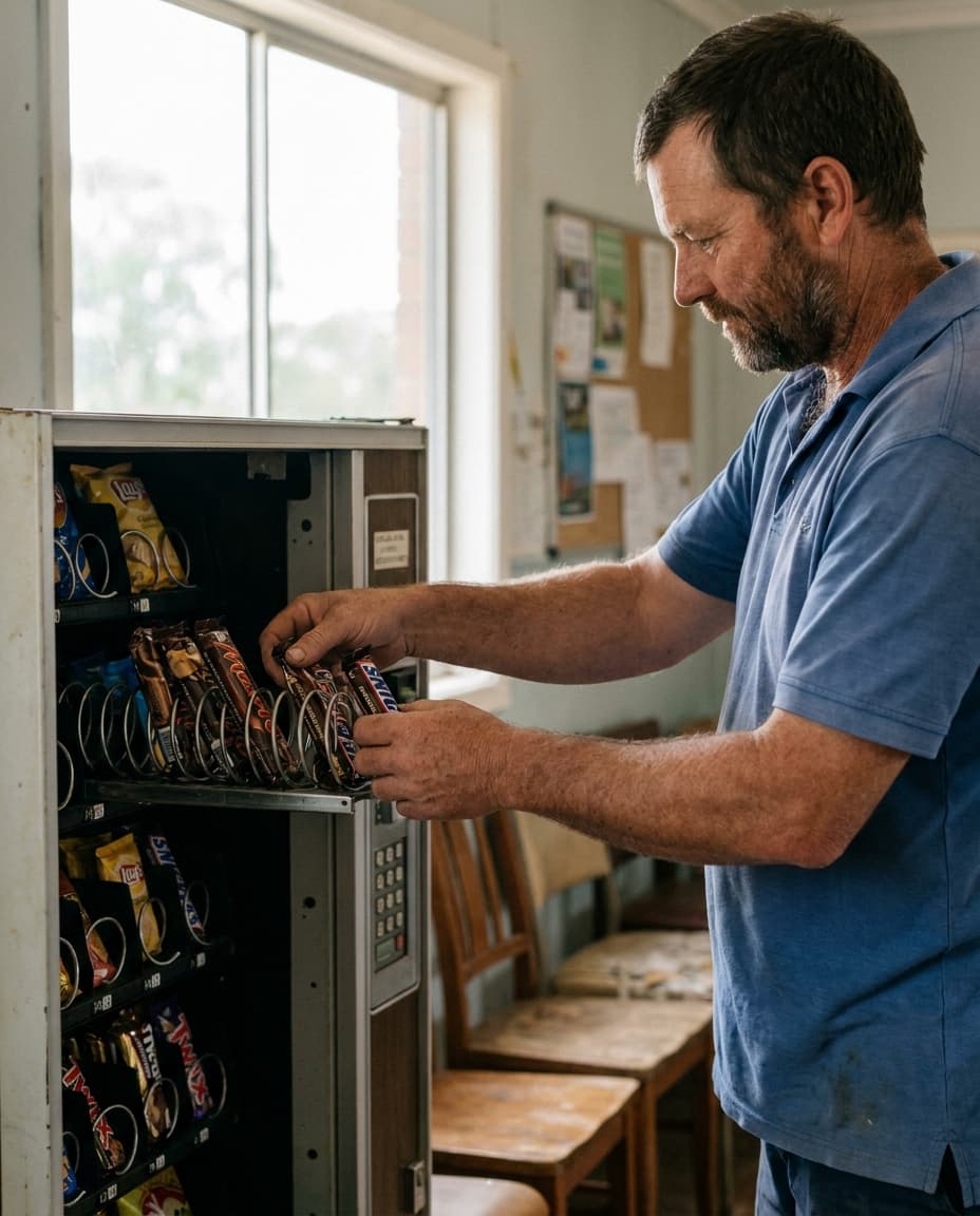 QuikVend operator restocking a vending machine in a regional venue