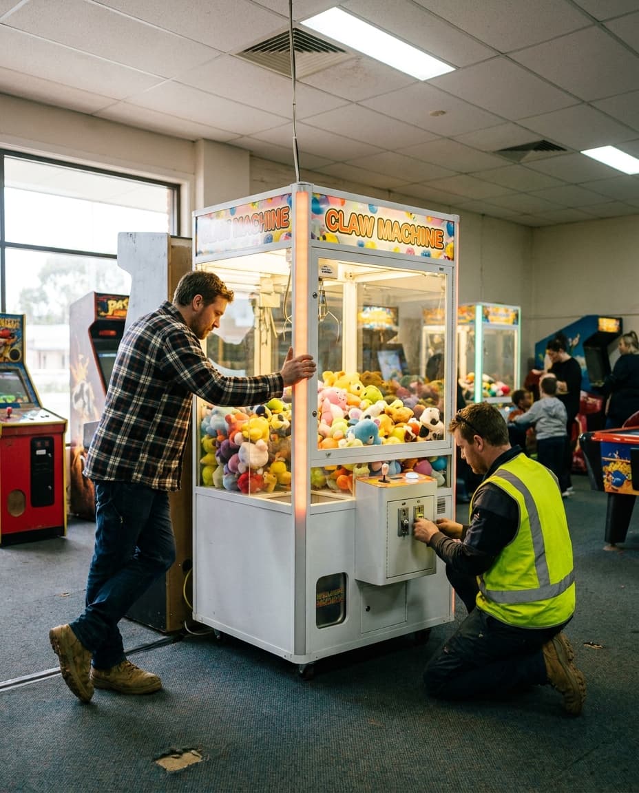The QuikVend team installing a claw machine